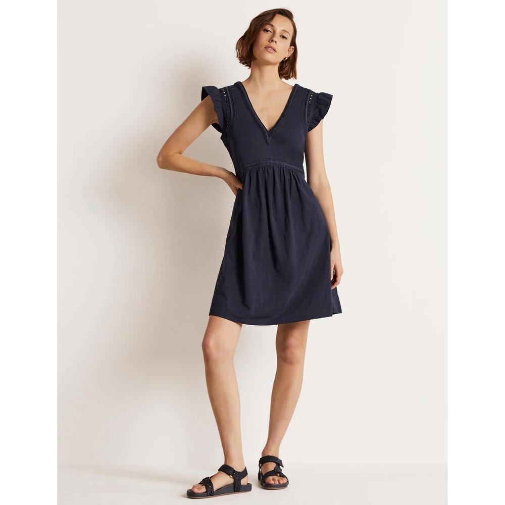Boden Empire Detail Jersey Dress 8R Ruffle Cap Sleeve Fit Flare Minimalist NWT